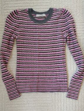 LOFT Pink, Gray & Cream Striped Crewneck Sweater